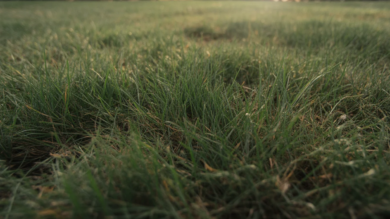 Close view of fescue lawn blades with some dry summer tips.