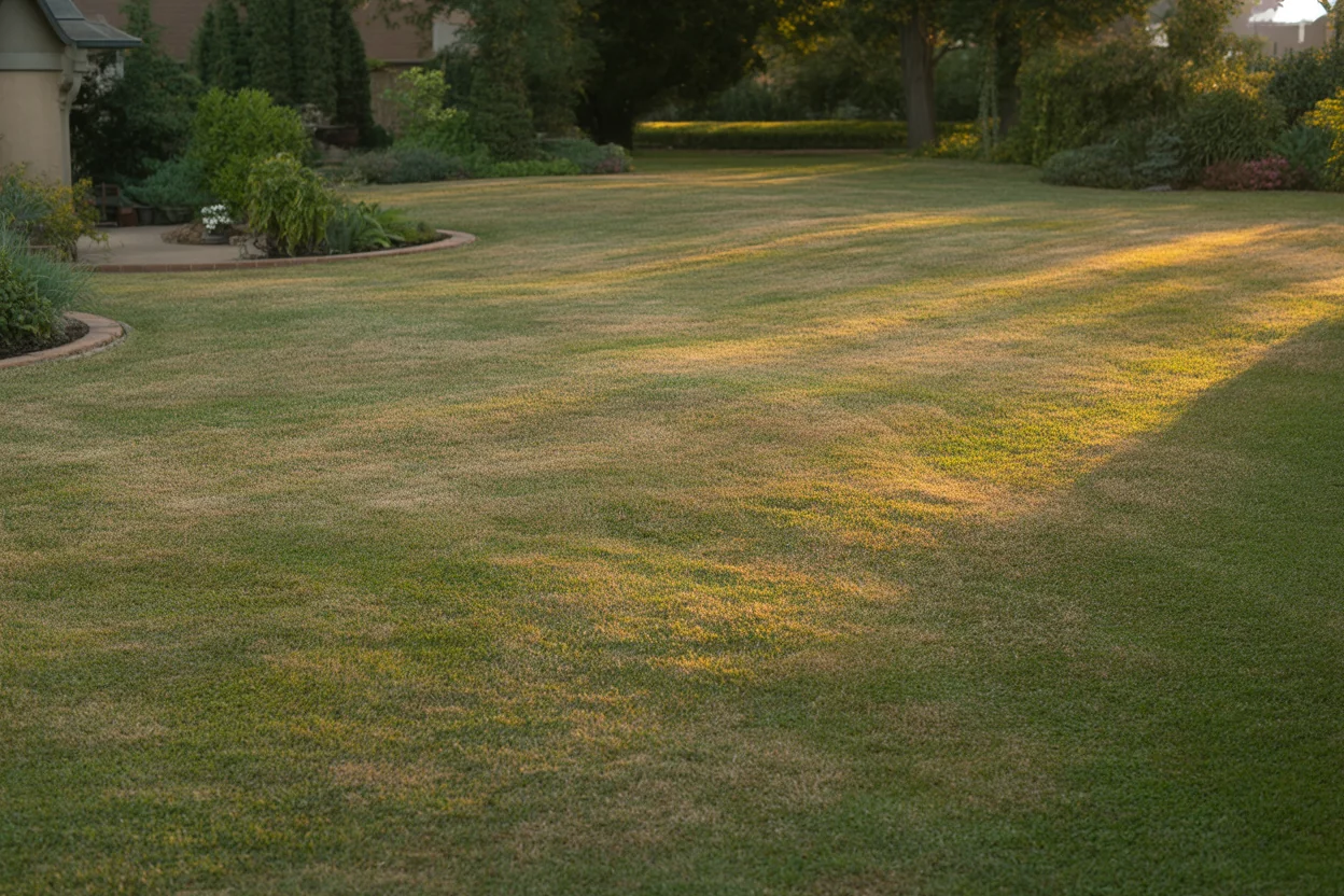 Fescue lawn with patchy summer stress near garden beds and trees.
