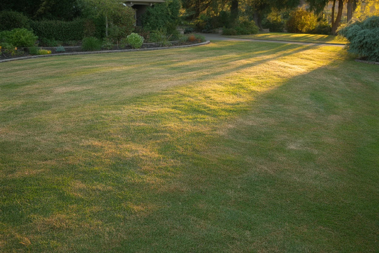 Fine fescue lawn showing patchy summer stress in filtered shade.