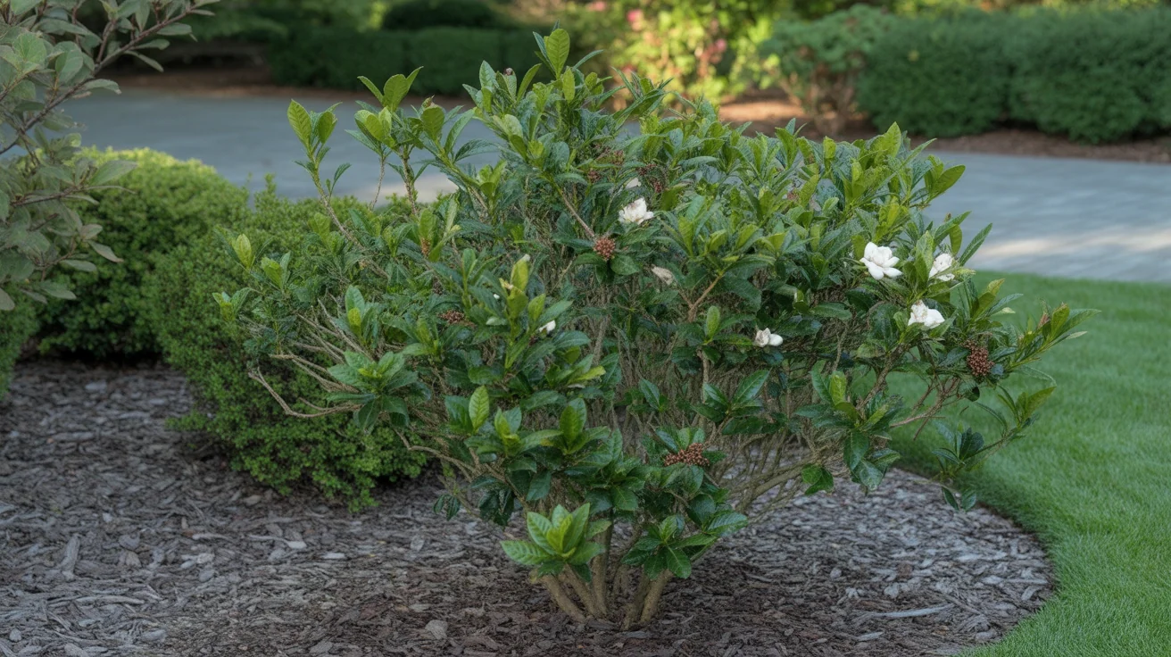 Gardenia shrub with glossy evergreen leaves and creamy white fragrant flowers