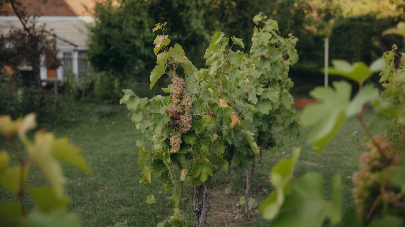 Grape vine trained on a backyard trellis