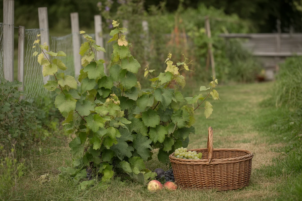 Grape vine foliage and clusters showing trellis growth habit