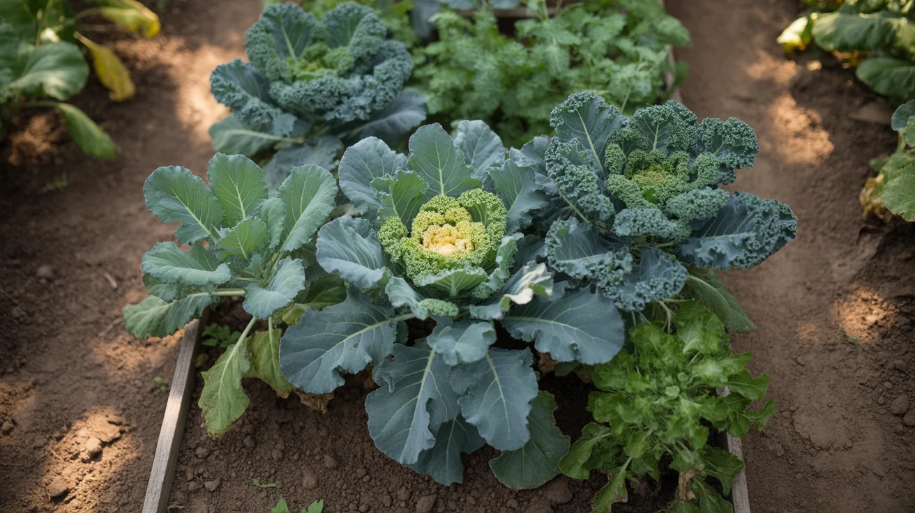 Blue-green kale leaves growing thickly in an outdoor garden bed