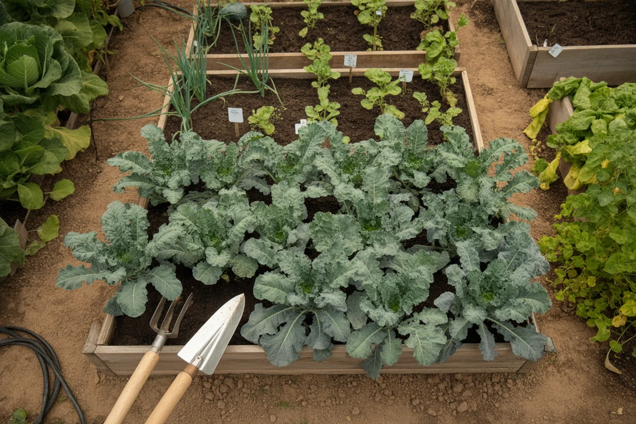 Mature kale leaves ready for outer-leaf harvest in cool weather