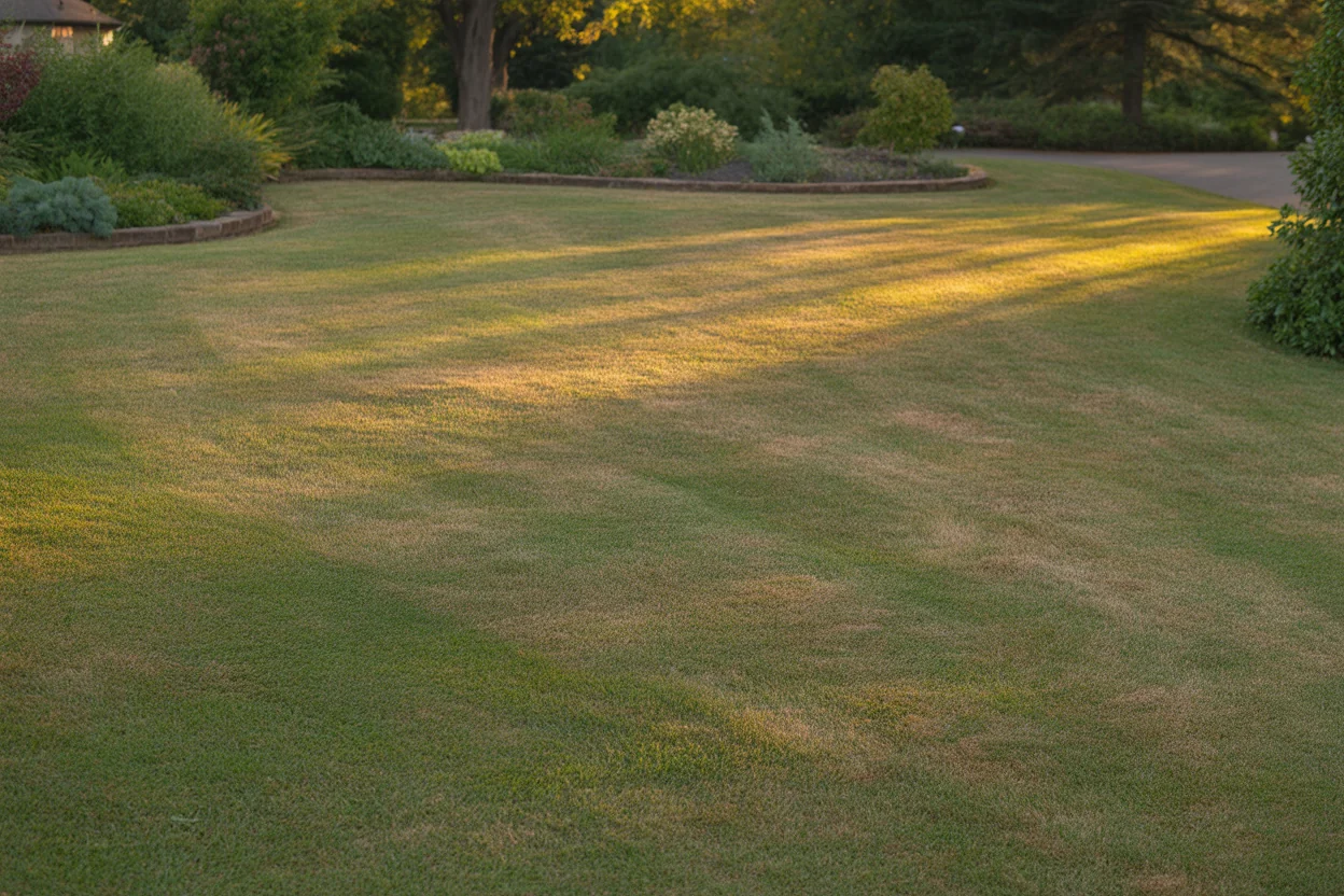 Kentucky Bluegrass lawn with tan summer stress patches near garden beds.