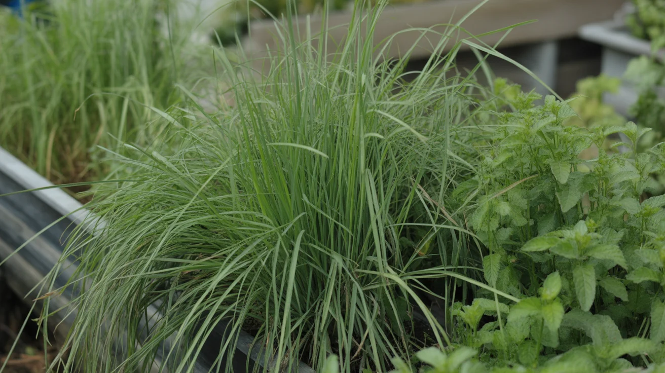 Dense lemongrass clump growing beside mint in a raised herb bed