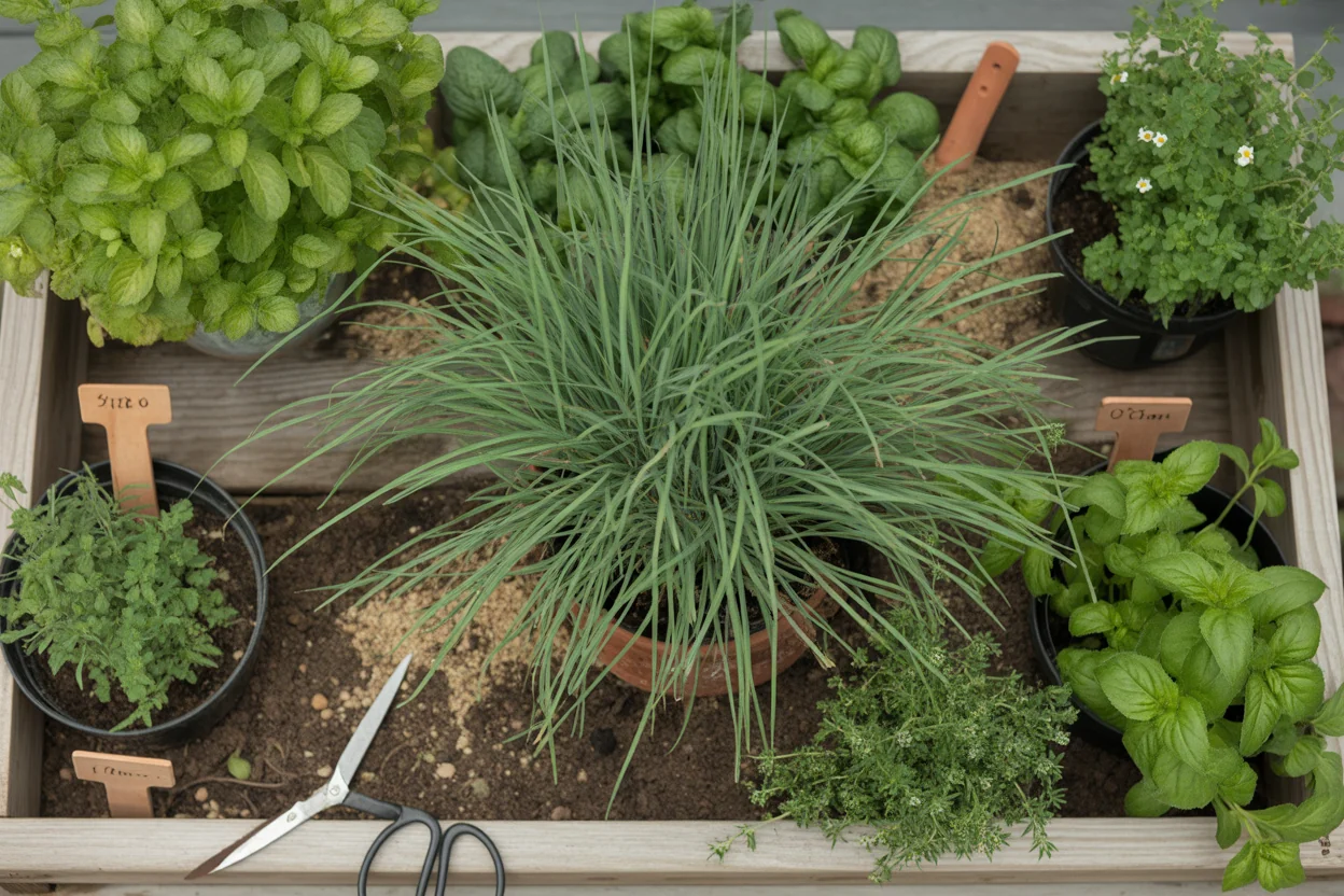 Potted lemongrass centered among basil mint thyme and other herbs in a raised bed