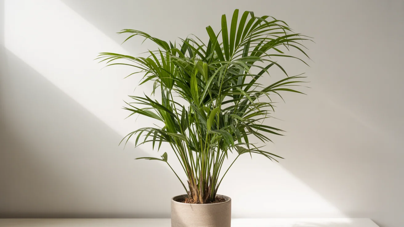 Tall indoor Majesty Palm with arching green fronds growing beside a bright window