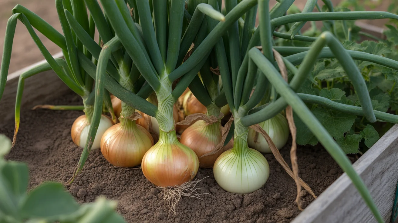 Bulbing onions growing in loose garden soil with upright green tops