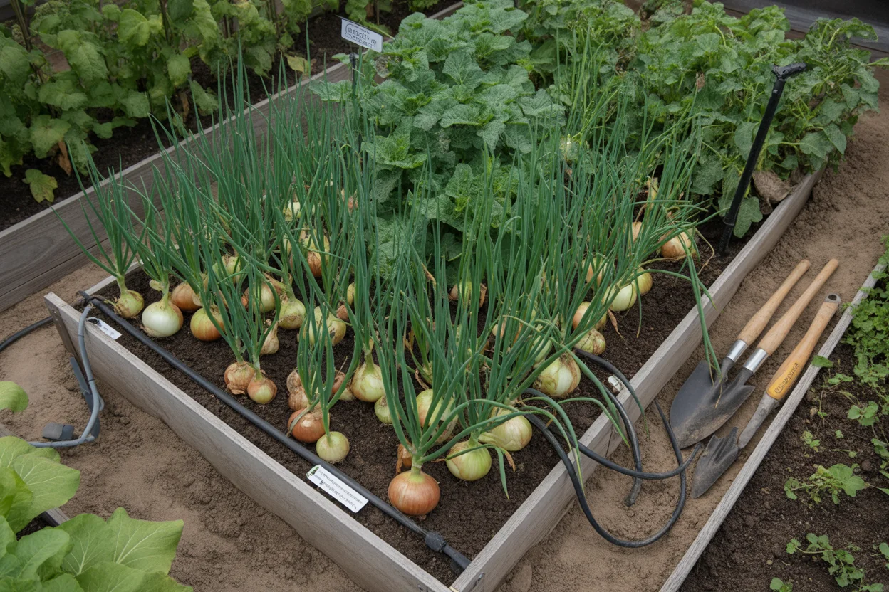 Mature onions with bending tops almost ready to cure after harvest