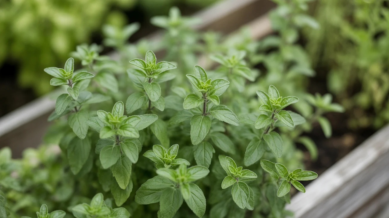 Oregano plant with small green leaves growing as a mounded herb in a raised bed