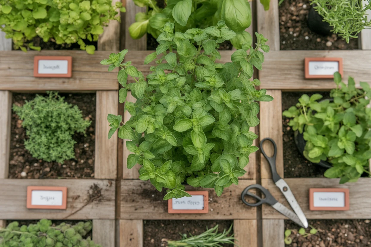 Oregano plant in a divided herb bed with basil, thyme, rosemary, and garden shears nearby