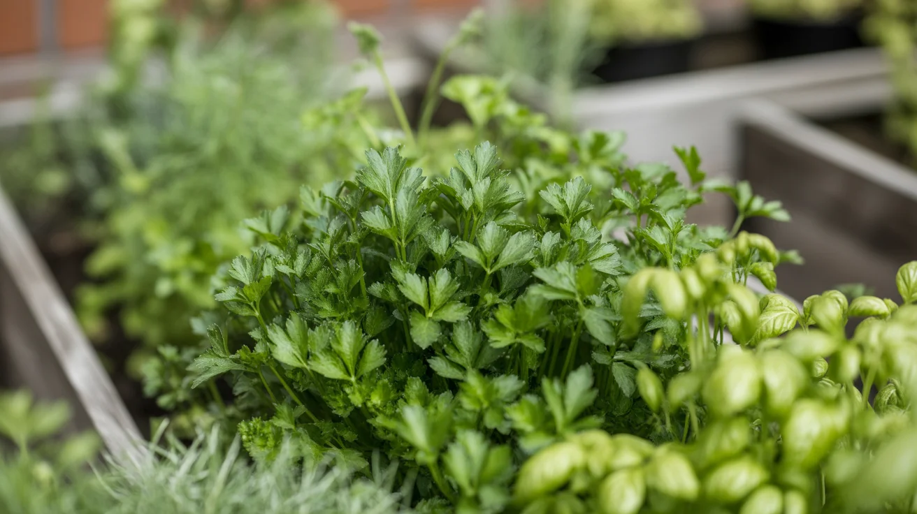 Flat leaf parsley growing thickly beside basil in a raised herb bed