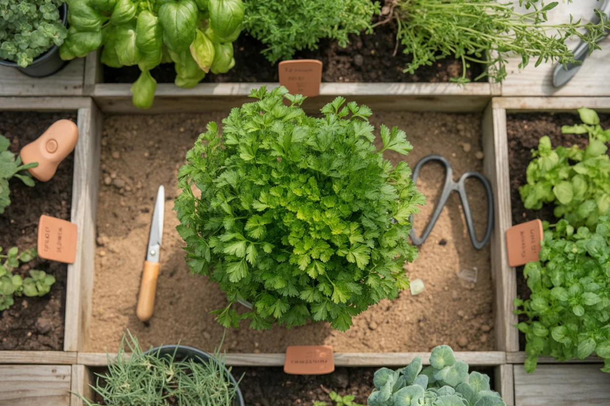 Potted parsley centered in a raised herb bed with garden shears nearby