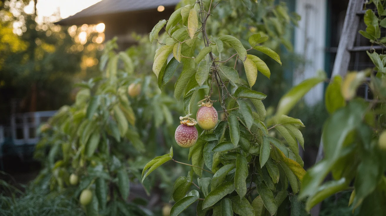 Passion fruit vine climbing a sturdy garden support