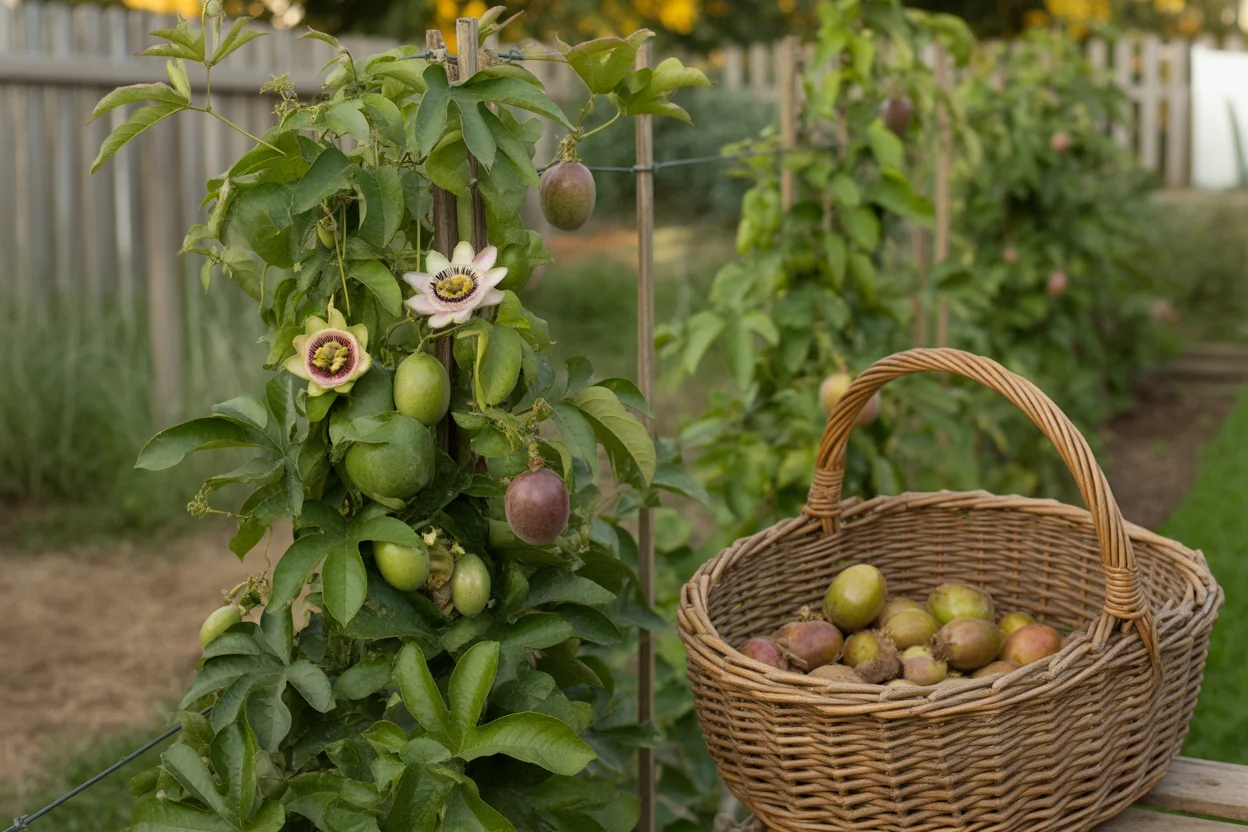 Passion fruit vine foliage and tendrils for trellis care reference