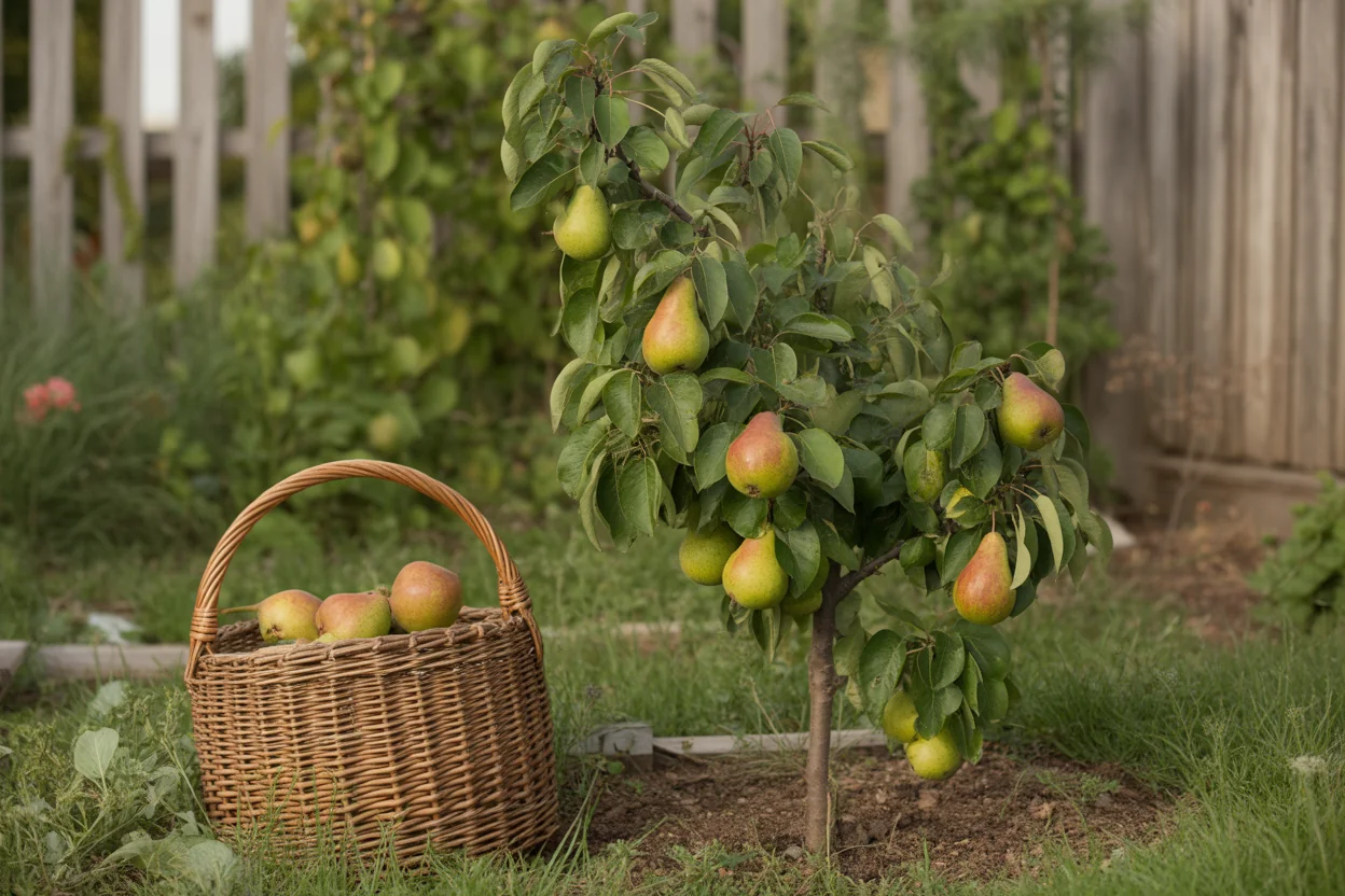 Pear branch detail showing leaves and developing pears