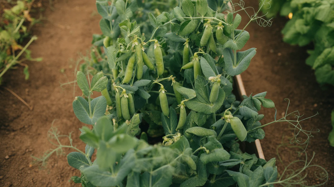 Green pea vines climbing a simple garden trellis in cool spring weather