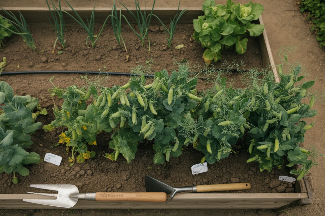 Fresh pea pods hanging from supported vines ready for picking