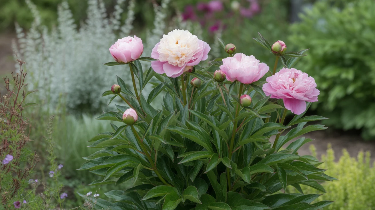 Peony plant in bloom in a garden setting