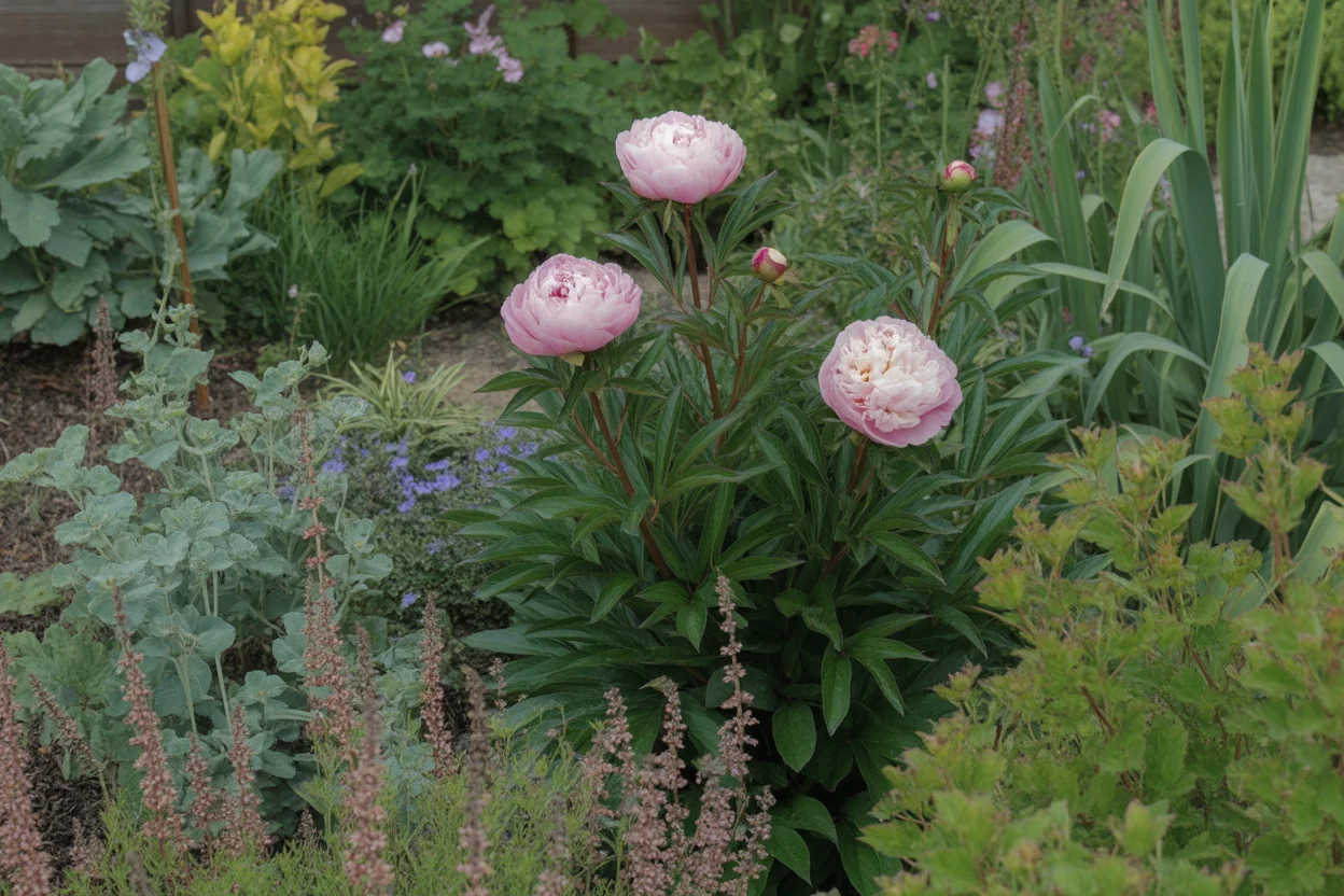 Peony foliage and flowers showing growth habit for care reference