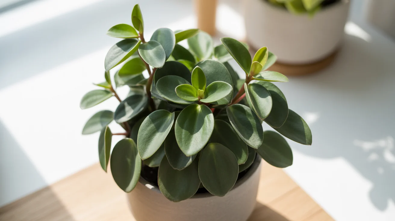 Compact peperomia plant with thick textured green leaves growing in a small indoor pot
