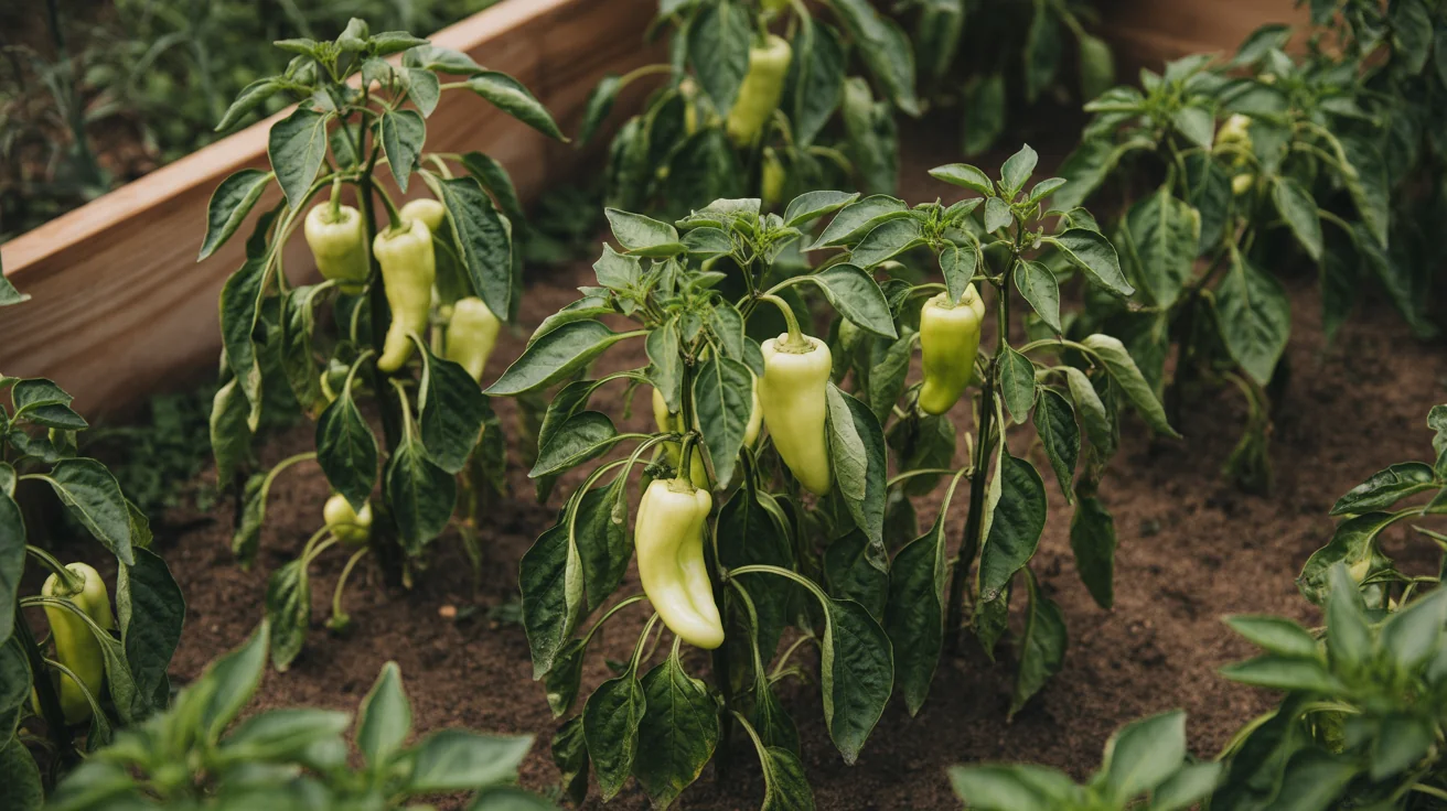 Green and red pepper fruits hanging on a staked garden plant