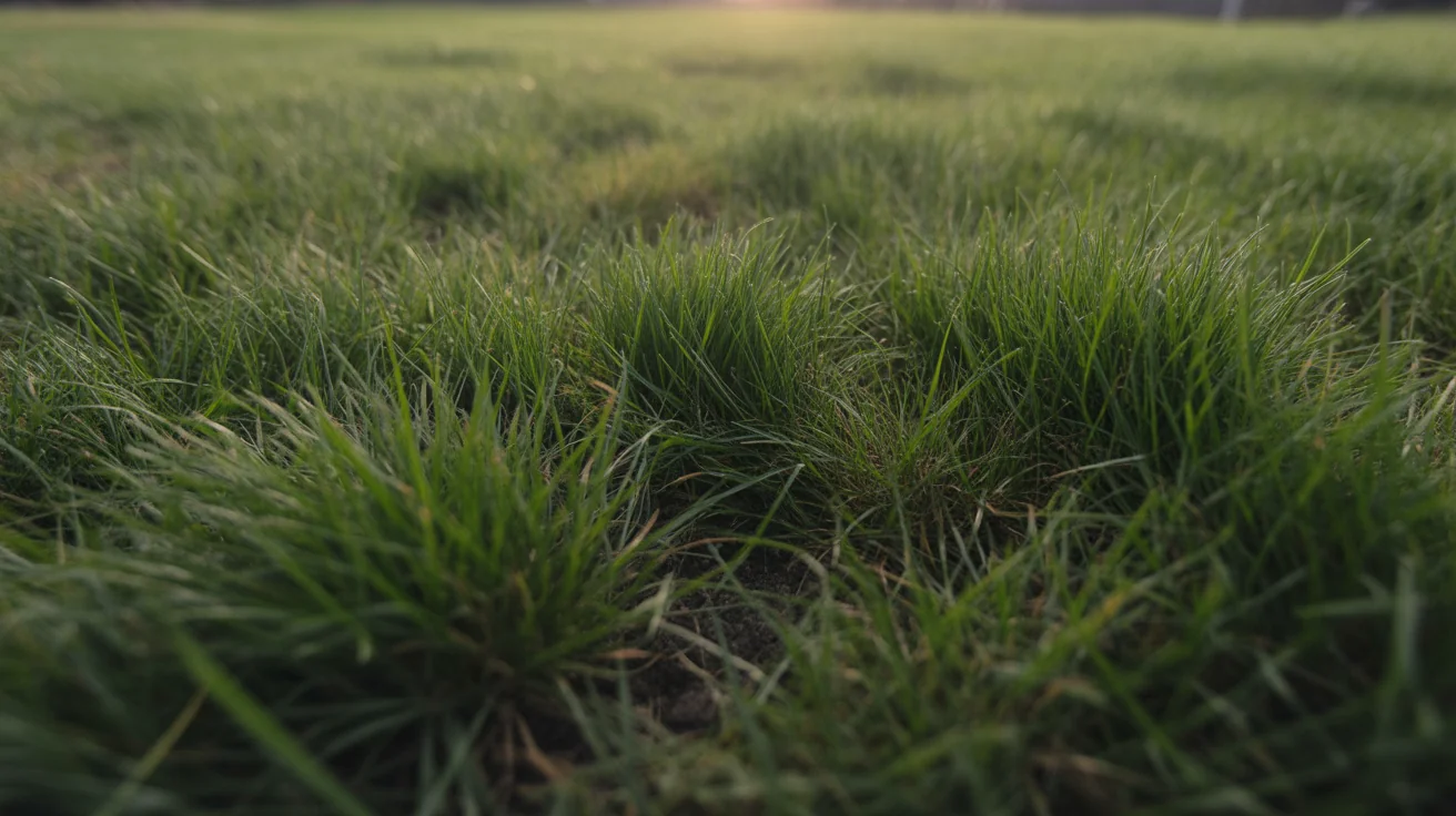 Close view of upright perennial ryegrass blades in a lawn.