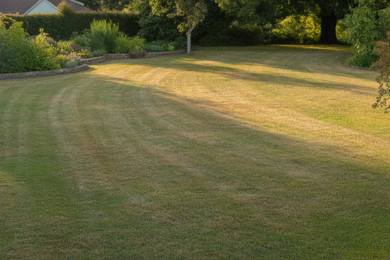 Perennial ryegrass lawn with tan summer stress patches in sun and shade.