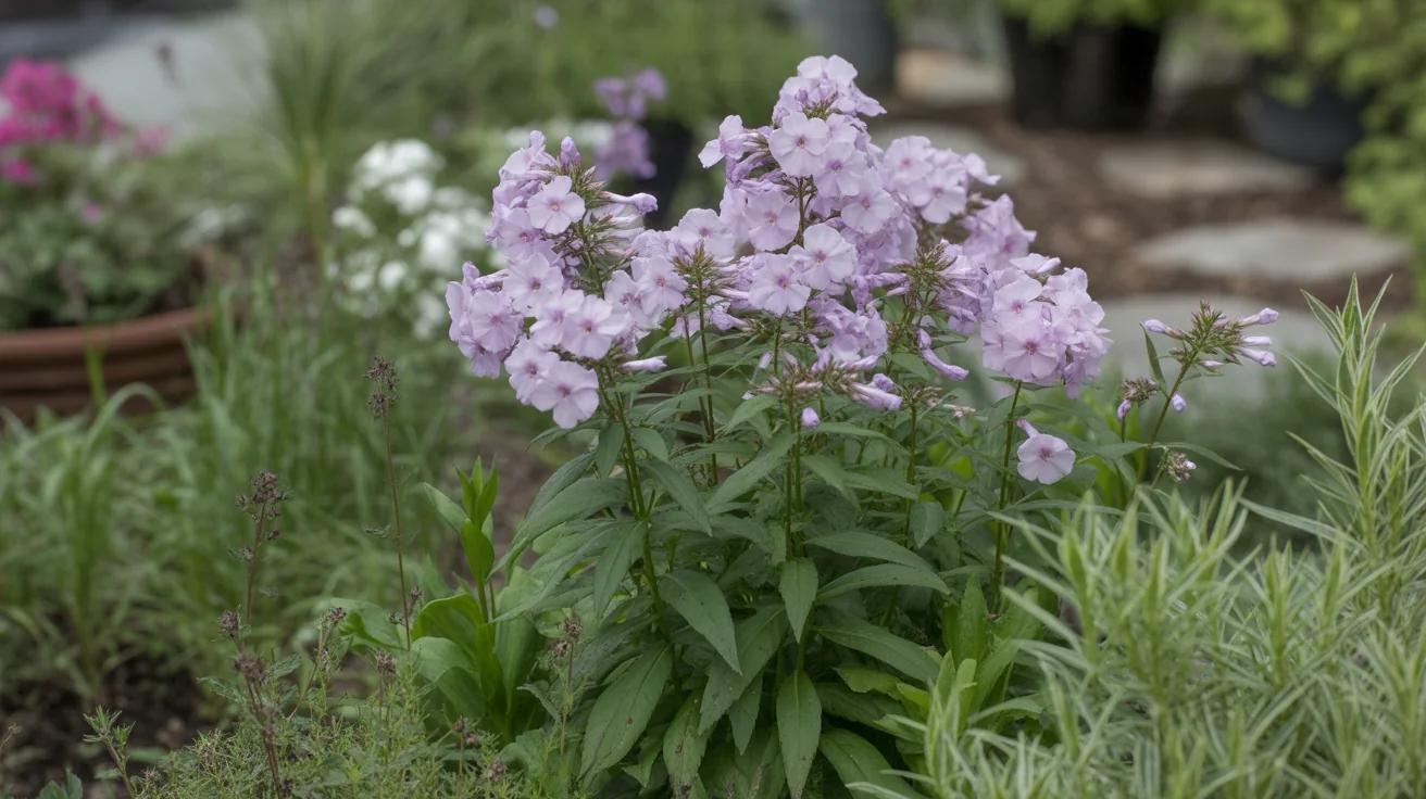 Tall pink and purple garden phlox flower clusters rising above green perennial foliage
