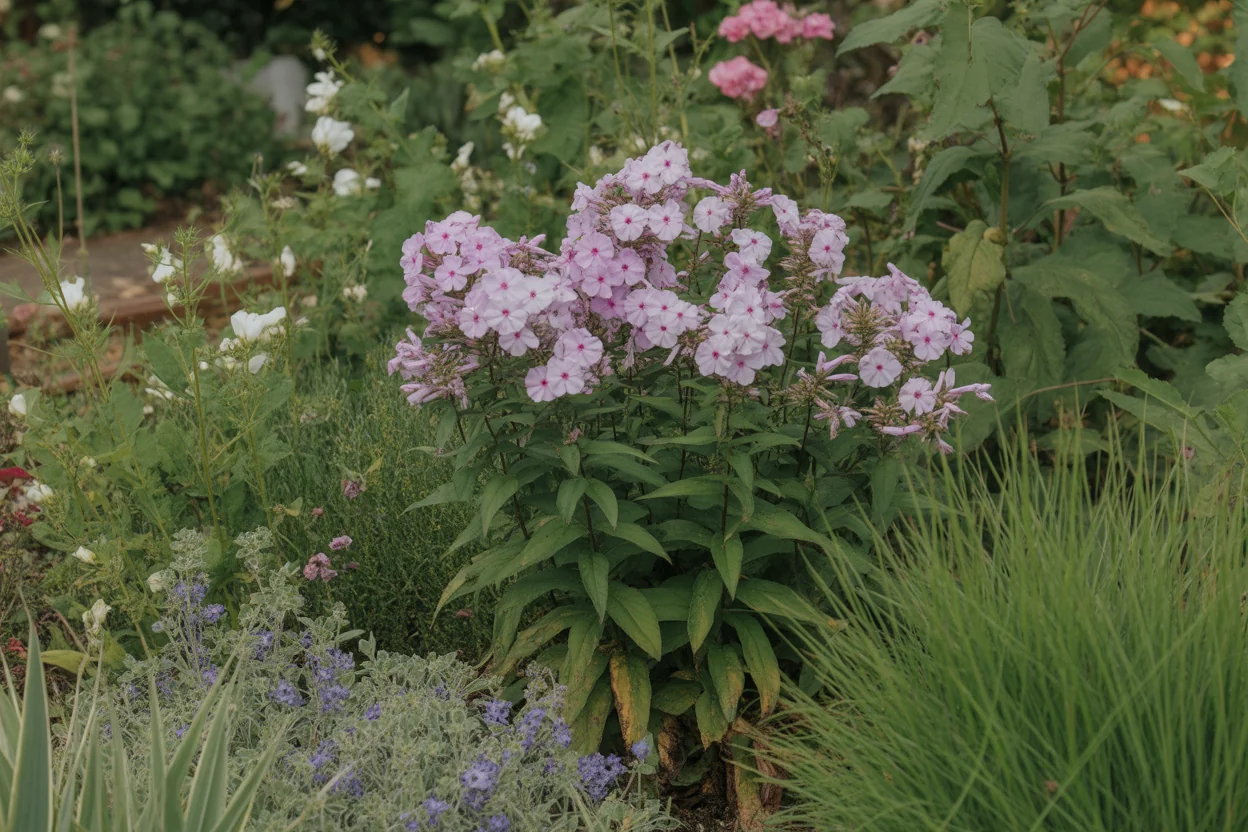 Garden phlox stems with clustered summer blooms showing spacing for airflow