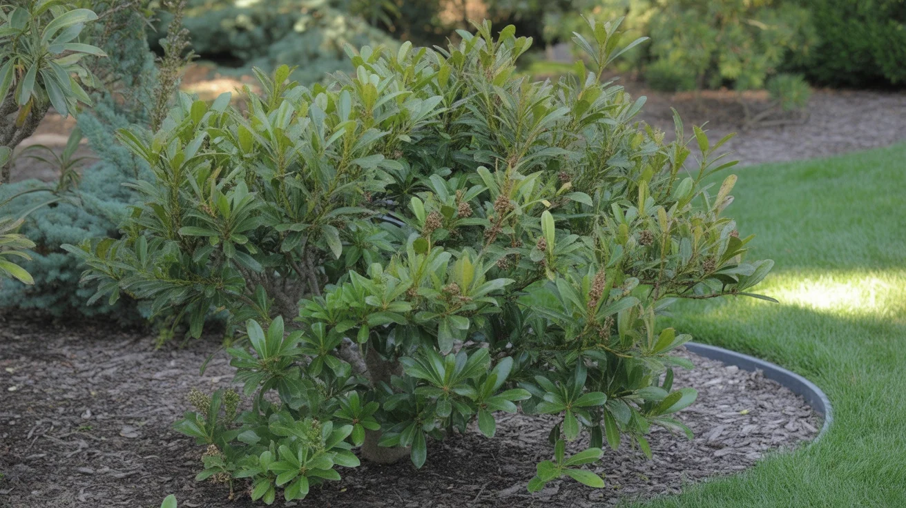 Pittosporum tobira hedge with glossy rounded leaves in a warm sunny landscape