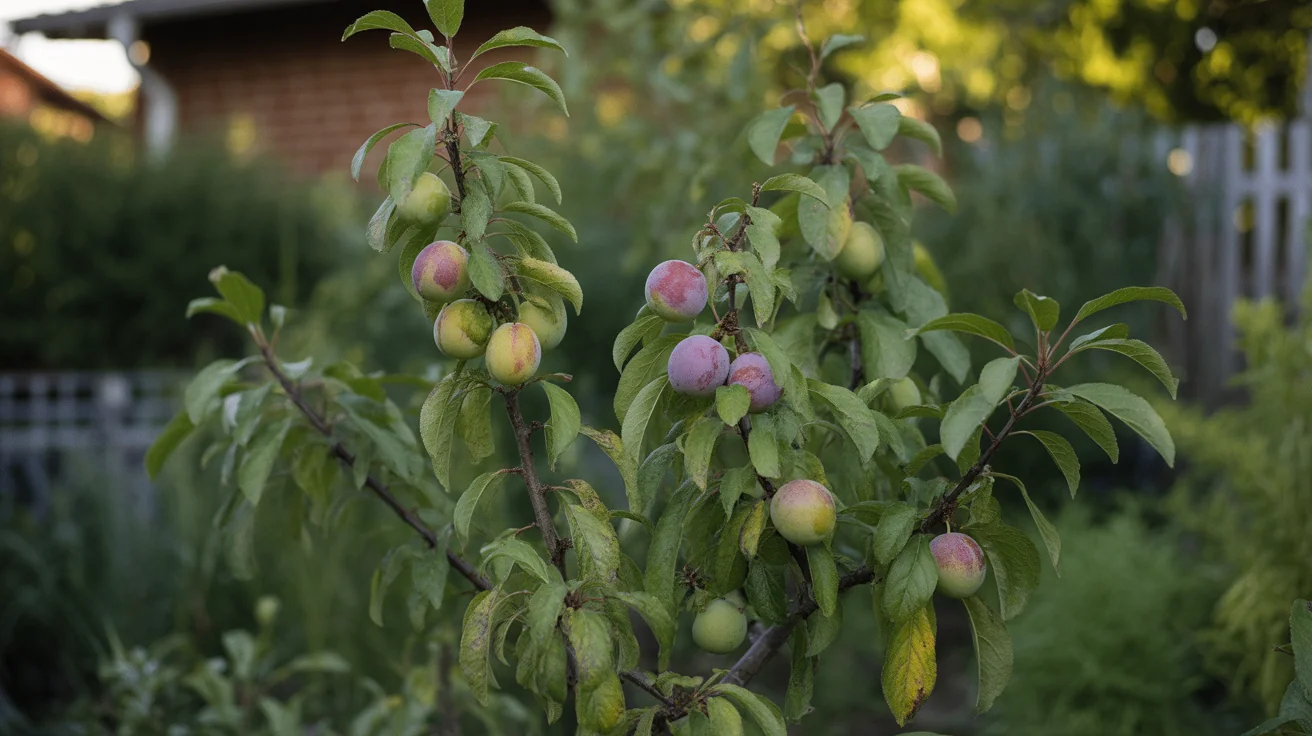 A backyard plum tree with ripening purple-red plums clustered among green leaves