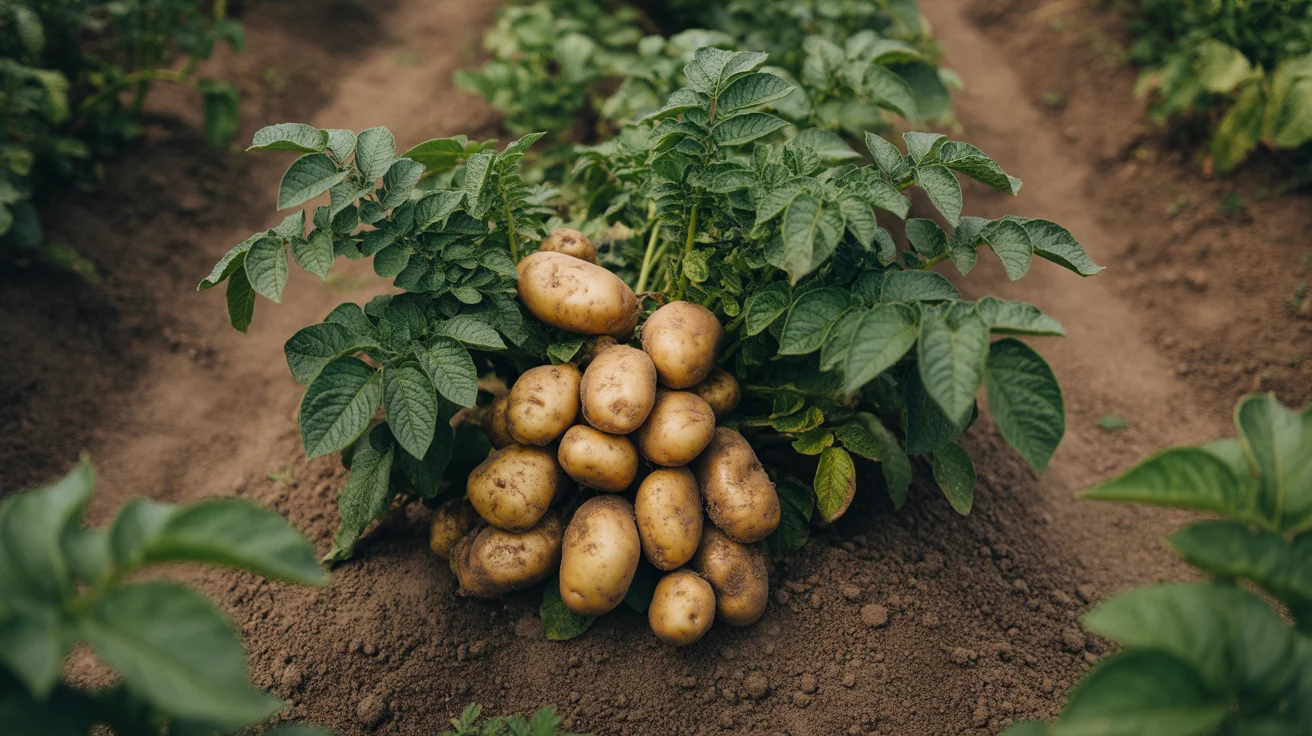 Potato plant growing in a garden row with yellow tubers visible beside green foliage