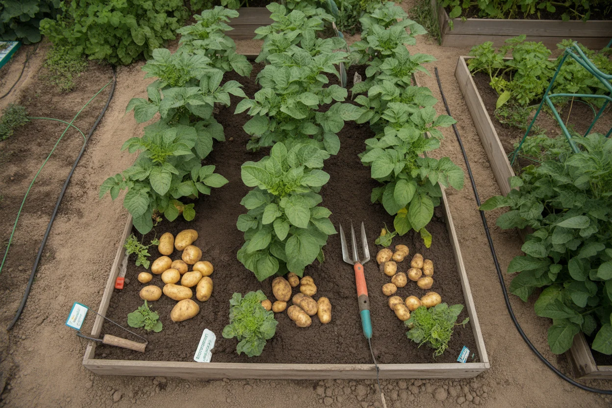Raised bed of potato plants with harvested tubers laid on dark soil beside a garden fork