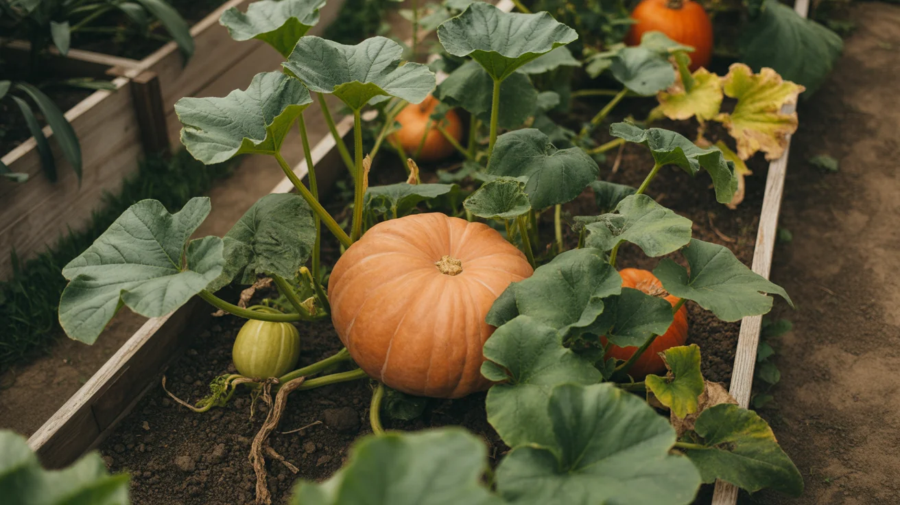 Orange pumpkins maturing on broad vines in a sunny vegetable garden