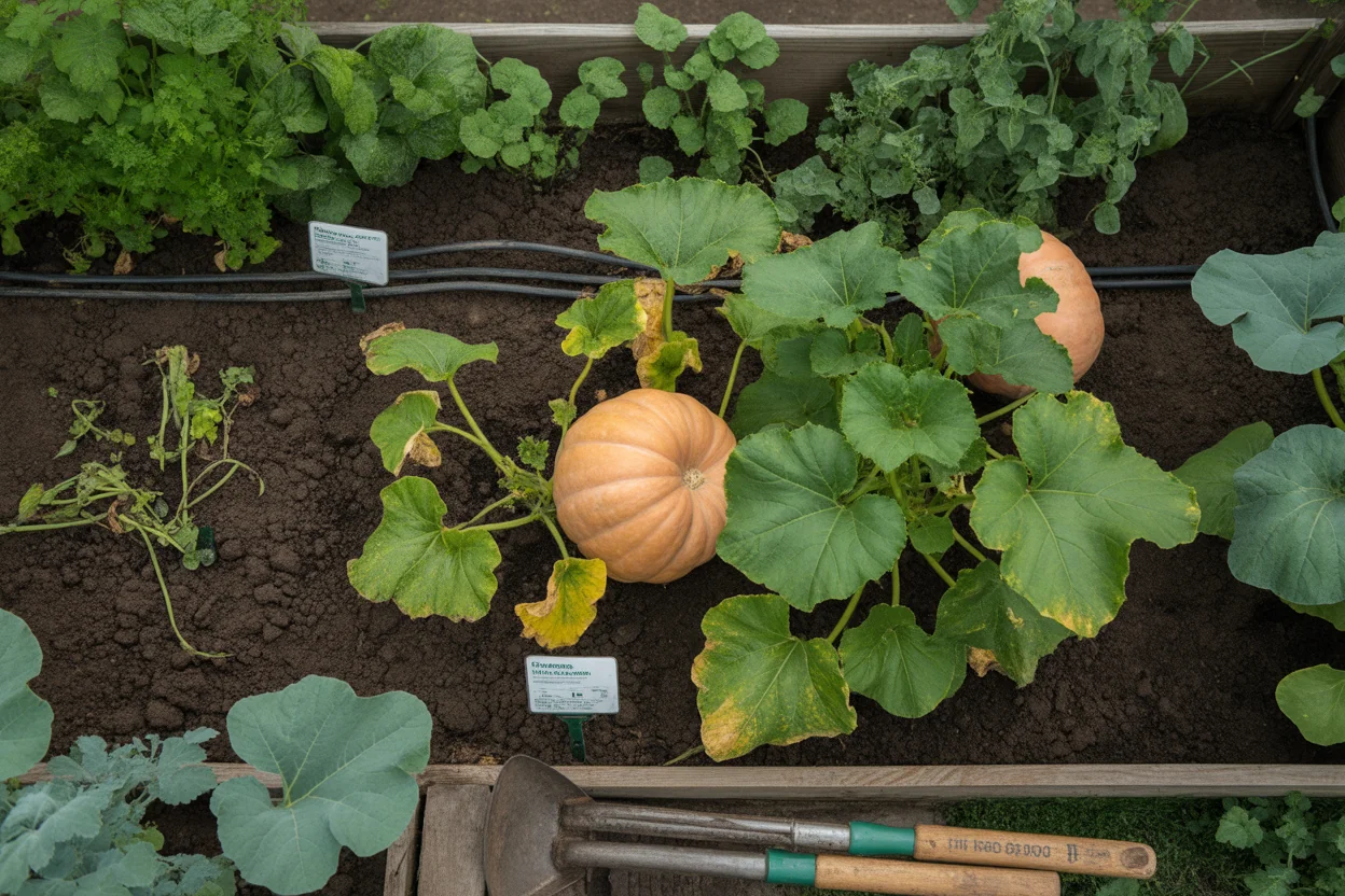 Developing pumpkin fruit resting on mulch beneath large vine leaves