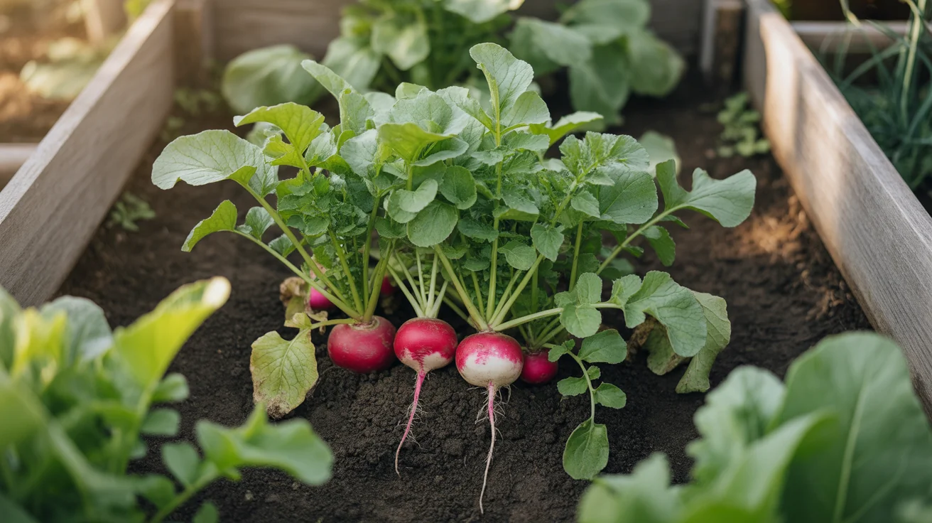 Red radishes with leafy tops growing closely in loose garden soil