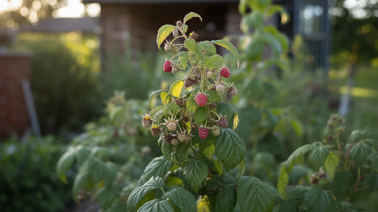 Raspberry canes with ripening berries in a garden row
