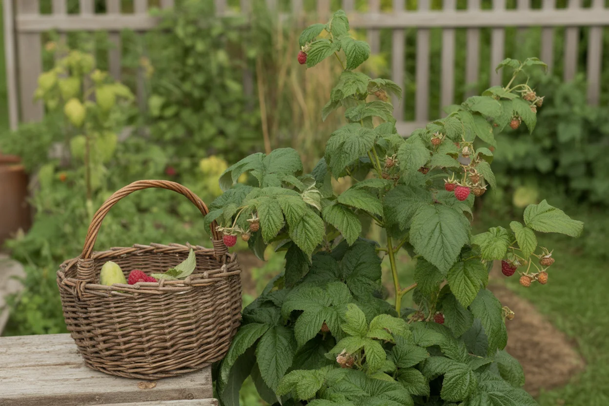 Raspberry cane detail showing leaves and berry clusters