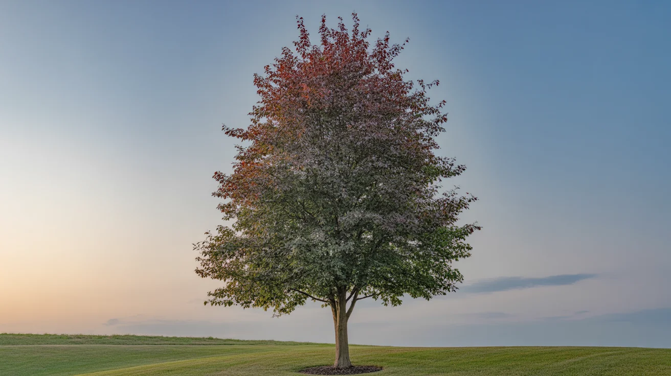 Large red maple shade tree with a broad crown in a residential lawn