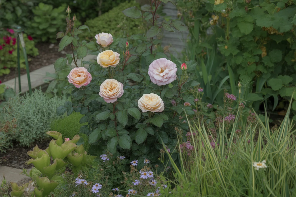 Rose foliage and flowers showing growth habit for care reference