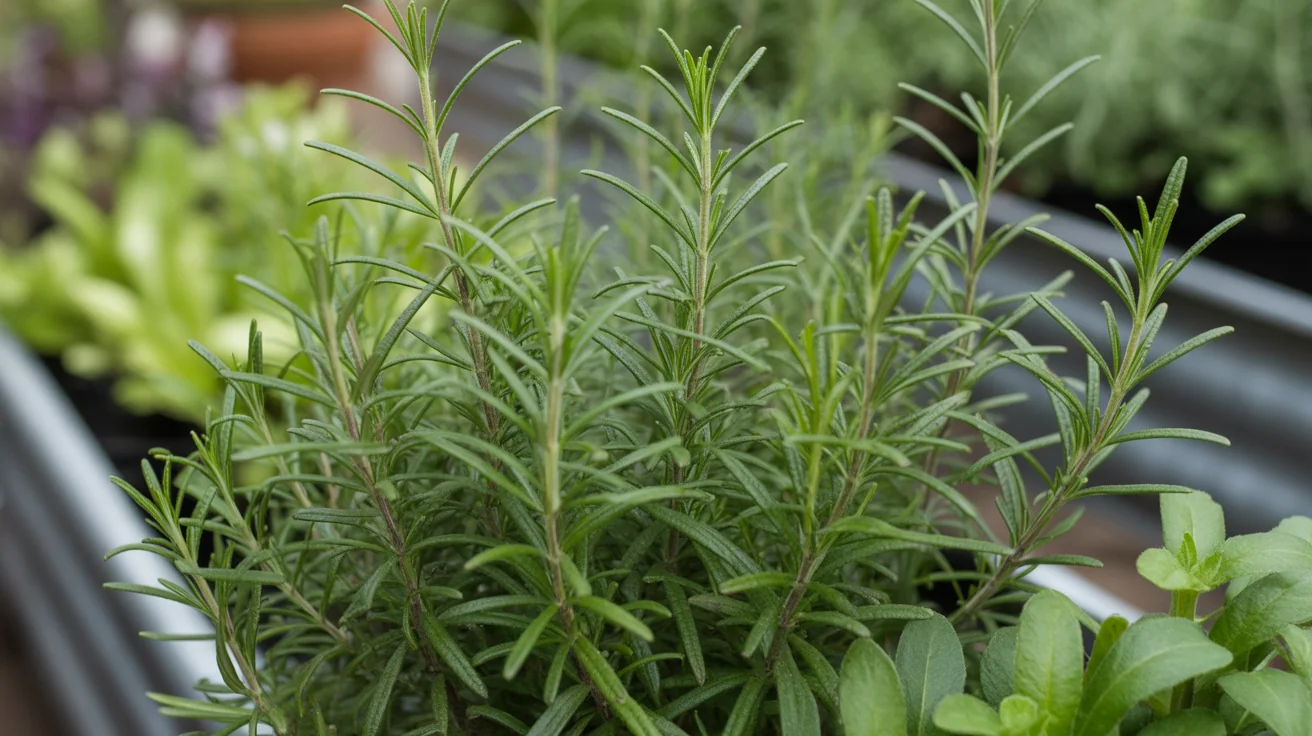Close view of upright rosemary stems with narrow green leaves in a raised herb bed