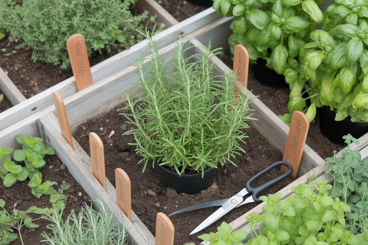 Potted rosemary set in a raised herb bed beside basil labels and garden shears