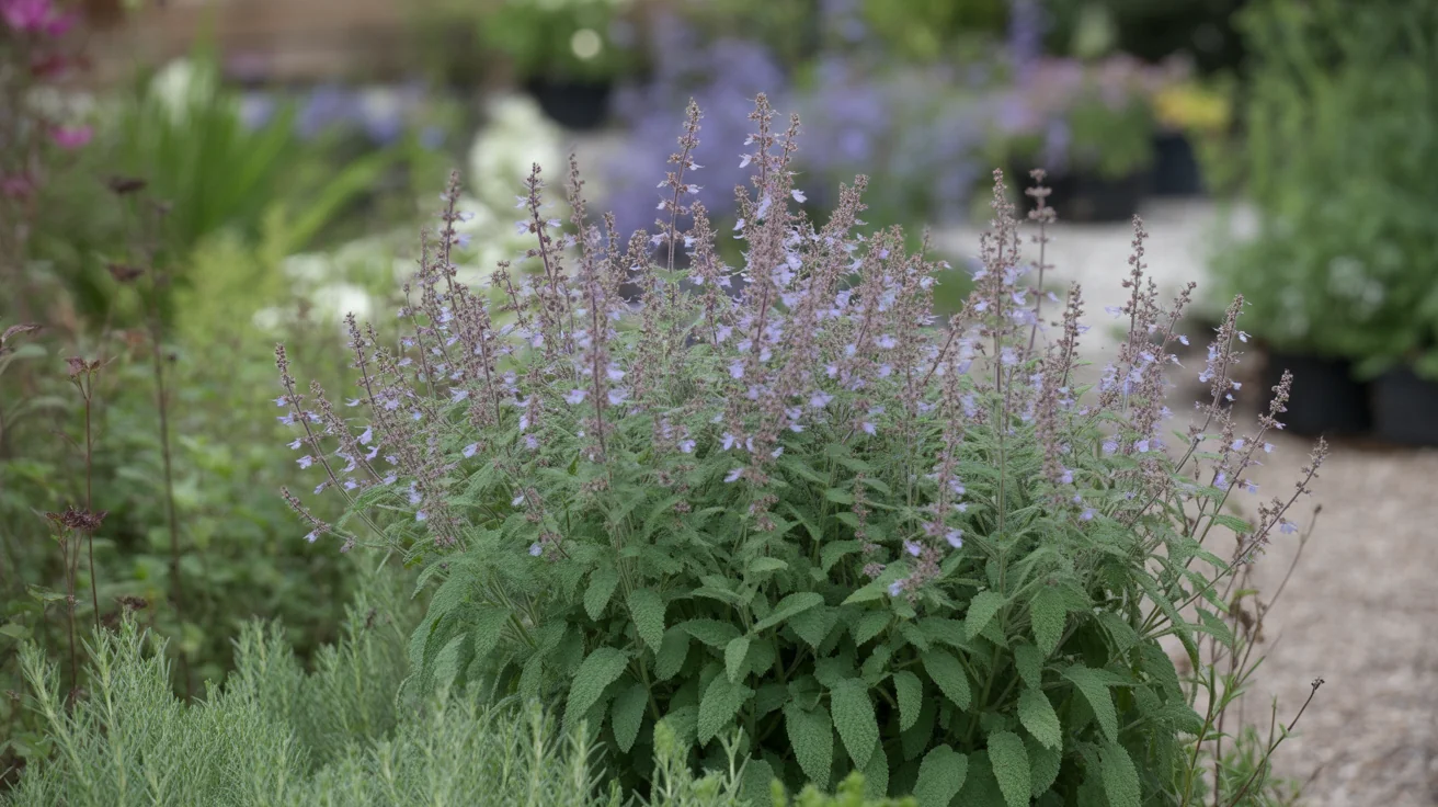 Airy Russian sage stems with lavender-blue flowers in a dry sunny border