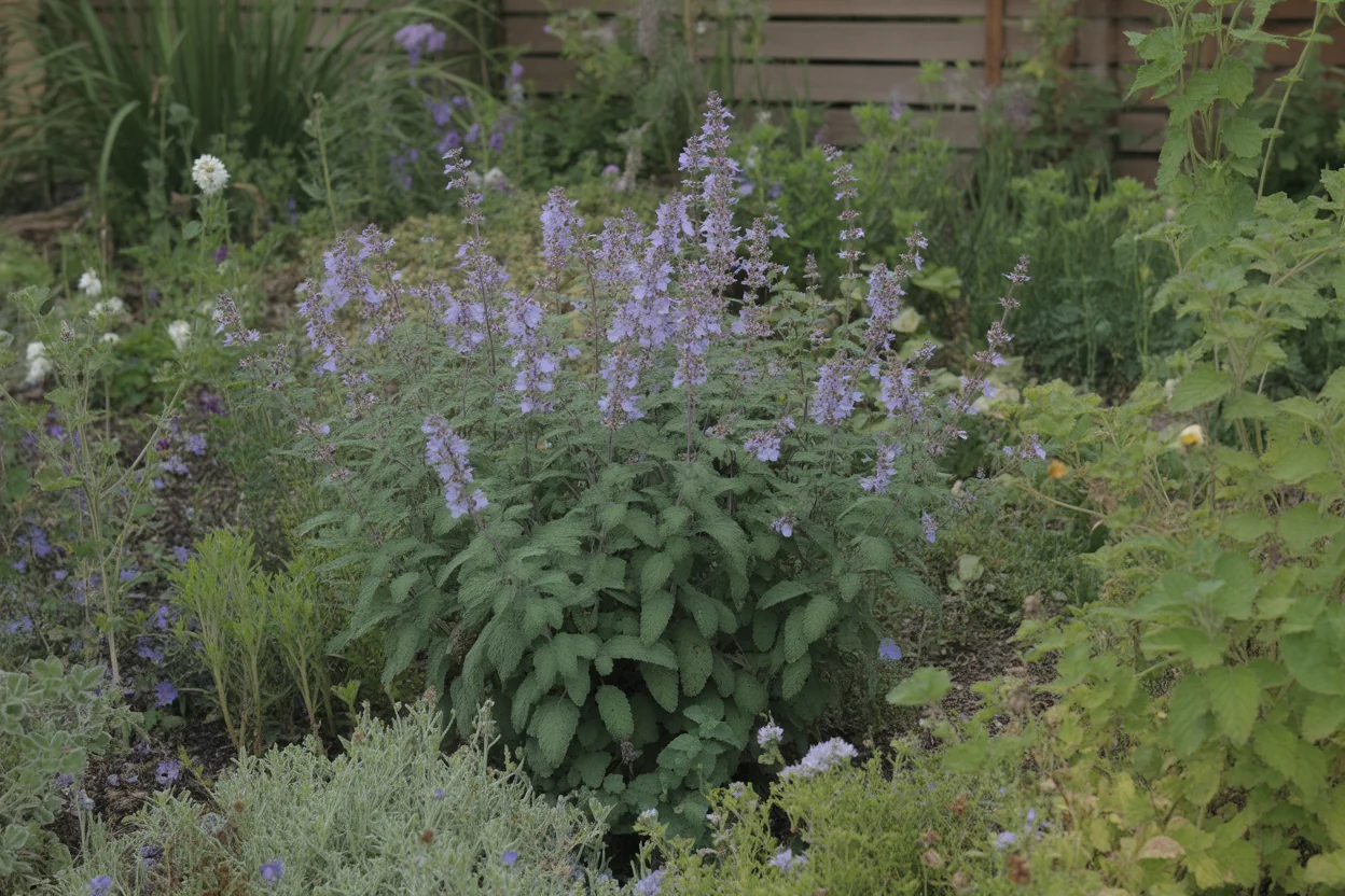 Russian sage flowering stems showing open spacing and silvery foliage