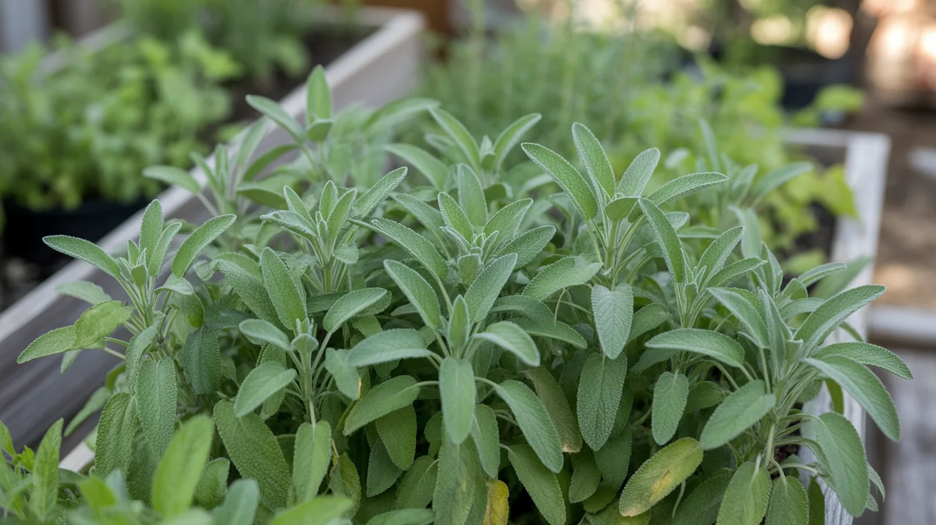 Dense common sage with fuzzy gray green leaves growing in a raised herb bed