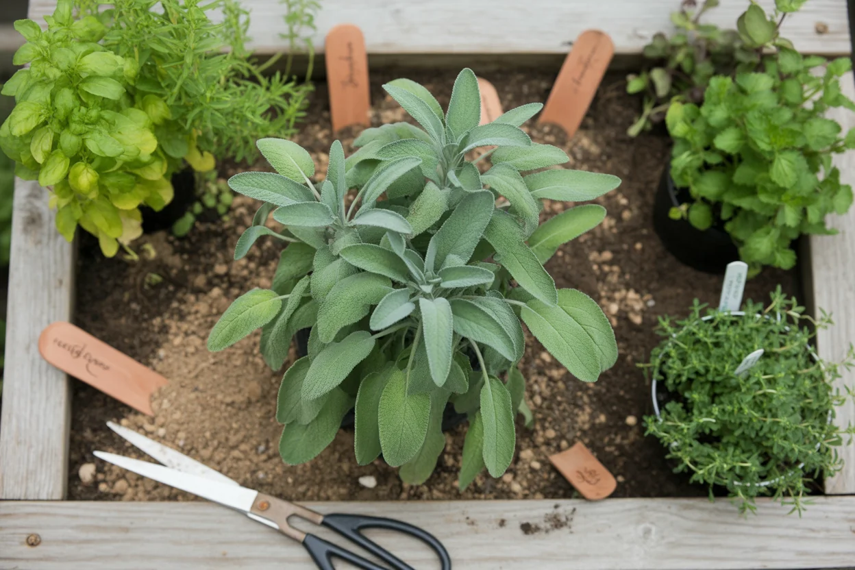 Potted sage with broad fuzzy leaves growing among other herbs in a raised bed