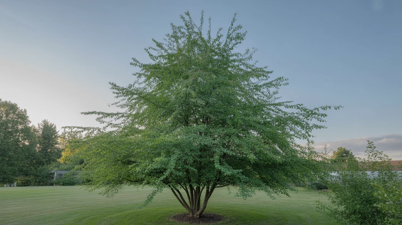 Multi-stem serviceberry tree covered in white spring flowers in a natural front-yard bed