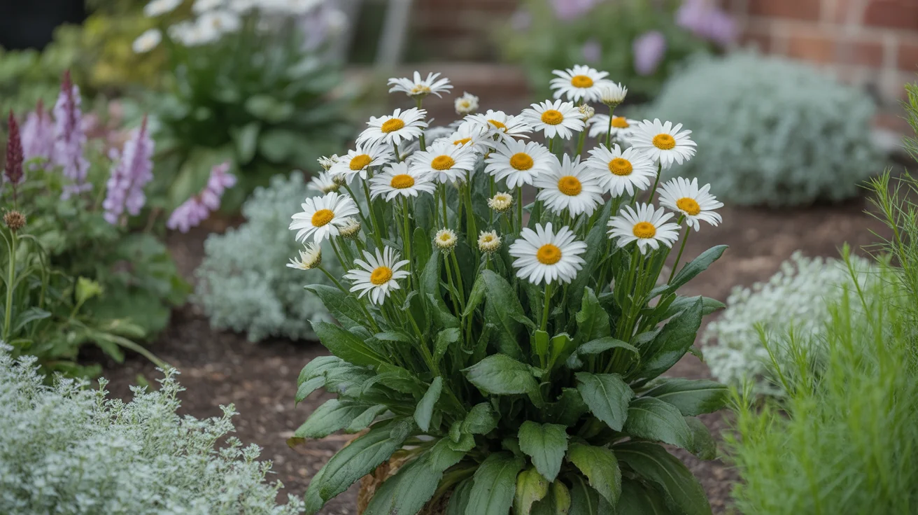 Shasta Daisy plant in bloom in a garden setting